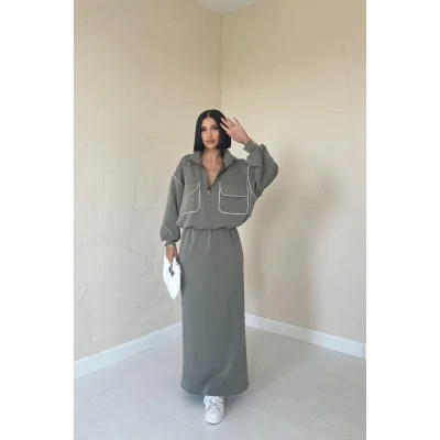 Haki Biyeli Sweatshirt Ve Etek Takım