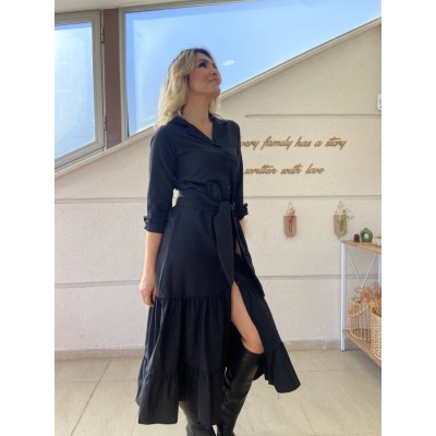 Kadın Uzun Kollu Eteği Fırfırlı Beli Kuşaklı Trikoton Tam Boy Gömlek Elbise Kadın Uzun Kollu Eteği Fırfırlı Beli Kuşaklı Trikoton Tam Boy Gömlek Elbise