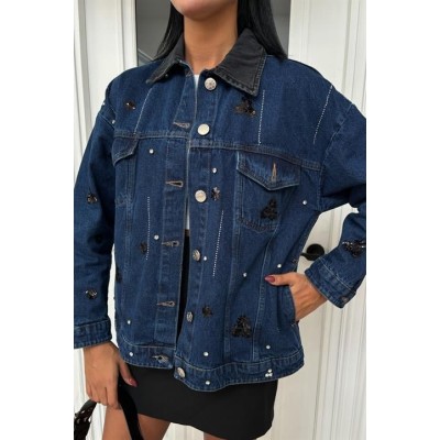 Yaka Siyah Garni Pul Payet Taşlı Oversize Denim Ceket 6125 Yaka Siyah Garni Pul Payet Taşlı Oversize Denim Ceket 6125