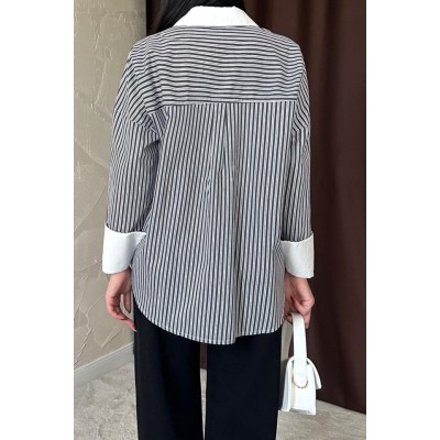 Siyah Çizgili Poplin Uzun Kol Gömlek Siyah Çizgili Poplin Uzun Kol Gömlek