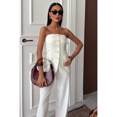 Straplez Büstiyerli Plazzo Pantolonlu Çizgili Takım 10151 Straplez Büstiyerli Plazzo Pantolonlu Çizgili Takım 10151