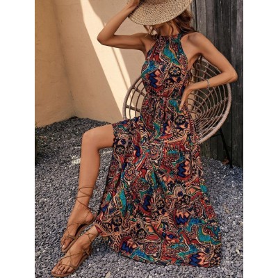 Kadın Kolsuz Halter Yaka Beli Lastikliotantik Desenli Mikro Kumaş Elbise Kadın Kolsuz Halter Yaka Beli Lastikliotantik Desenli Mikro Kumaş Elbise