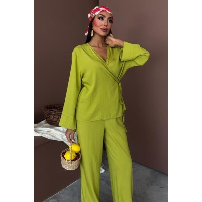 Kruvaze Model Klasik Pantolonlu Çupra Keten Takım 10191 Kruvaze Model Klasik Pantolonlu Çupra Keten Takım 10191