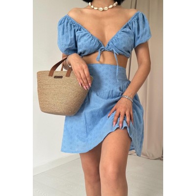 Mavi Brode Crop Ve Mini Etek Takım Mavi Brode Crop Ve Mini Etek Takım