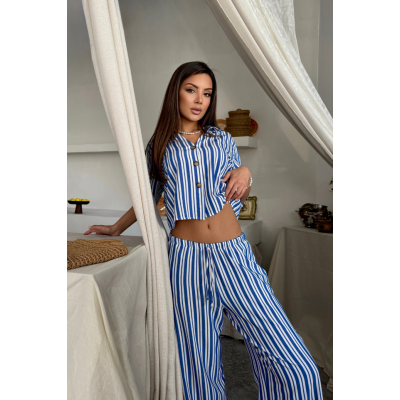 ÇİZGİLİ CROP GÖMLEK - SALAŞ PANTOLON TAKIM MODAL - Mavi ÇİZGİLİ CROP GÖMLEK - SALAŞ PANTOLON TAKIM MODAL - Mavi