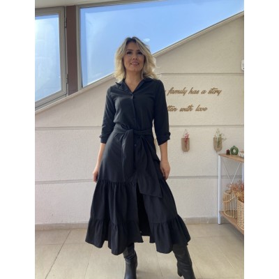 Kadın Uzun Kollu Eteği Fırfırlı Beli Kuşaklı Trikoton Tam Boy Gömlek Elbise Kadın Uzun Kollu Eteği Fırfırlı Beli Kuşaklı Trikoton Tam Boy Gömlek Elbise