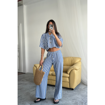 ÇİZGİLİ CROP GÖMLEK - SALAŞ PANTOLON TAKIM MODAL - Mavi ÇİZGİLİ CROP GÖMLEK - SALAŞ PANTOLON TAKIM MODAL - Mavi