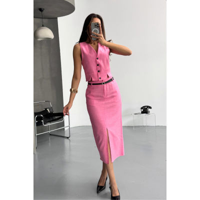 YELEK-ÖNDEN YIRTMAÇLI ETEK TK ŞANTUK KETEN - Pembe YELEK-ÖNDEN YIRTMAÇLI ETEK TK ŞANTUK KETEN - Pembe