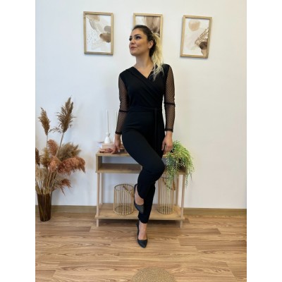 Krep Kumaş Kol Tül Puan Detaylı Kuşaklı Tulum 141 Cm Krep Kumaş Kol Tül Puan Detaylı Kuşaklı Tulum 141 Cm