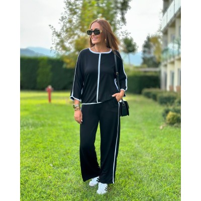 Kadın Bisiklet Yaka Fakir Kol Biye Detay Bluz Ve Yüksek Bel Lastikli Pantolon Ikili Takım Kadın Bisiklet Yaka Fakir Kol Biye Detay Bluz Ve Yüksek Bel Lastikli Pantolon Ikili Takım