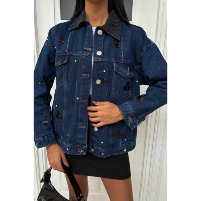 Yaka Siyah Garni Pul Payet Taşlı Oversize Denim Ceket 6125 Yaka Siyah Garni Pul Payet Taşlı Oversize Denim Ceket 6125