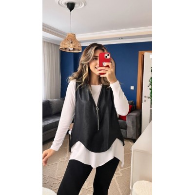 Kadın Uzun Kol Asimetrik Kesim Viskon Bluz Ve çatlak Deri Görünümlü Fermuar Detaylı Yelek Ikili Takım Kadın Uzun Kol Asimetrik Kesim Viskon Bluz Ve çatlak Deri Görünümlü Fermuar Detaylı Yelek Ikili Takım