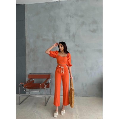 KETEN CROP KARPUZ KOL BLUZ-PANTOLON HASIR KEMERLİ - Orange KETEN CROP KARPUZ KOL BLUZ-PANTOLON HASIR KEMERLİ - Orange