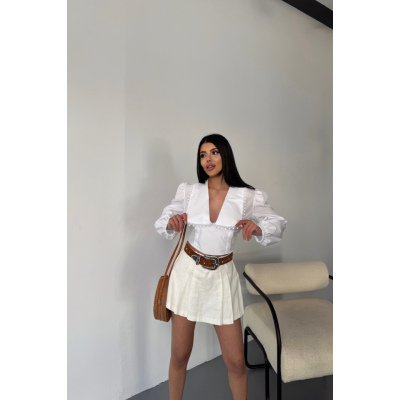 CROP POPLİN GÖMLEK YAKA KENAR DANTEL DETAYLI - Beyaz CROP POPLİN GÖMLEK YAKA KENAR DANTEL DETAYLI - Beyaz