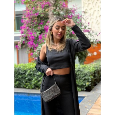 Kadın Yuvarlak Yaka Askılı Krop Bluz Yüksek Bel Tayt Ve Uzun Hırka şardonlu Kaşkorse üçlü Takım Kadın Yuvarlak Yaka Askılı Krop Bluz Yüksek Bel Tayt Ve Uzun Hırka şardonlu Kaşkorse üçlü Takım