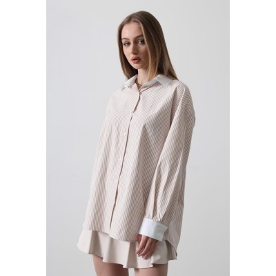 Çizgili Oversize Gömlek - Bej Çizgili Oversize Gömlek - Bej