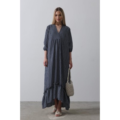Çizgili Oversize V Yaka Elbise - Lacivert Çizgili Oversize V Yaka Elbise - Lacivert