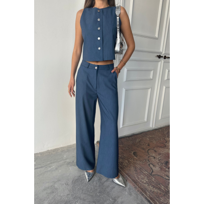 TENCEL KOLSUZ GÖMLEK - PANTOLON TAKIM - İndigo TENCEL KOLSUZ GÖMLEK - PANTOLON TAKIM - İndigo