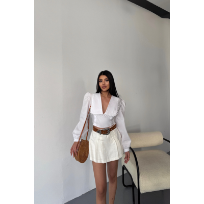CROP POPLİN GÖMLEK YAKA KENAR DANTEL DETAYLI - Beyaz CROP POPLİN GÖMLEK YAKA KENAR DANTEL DETAYLI - Beyaz