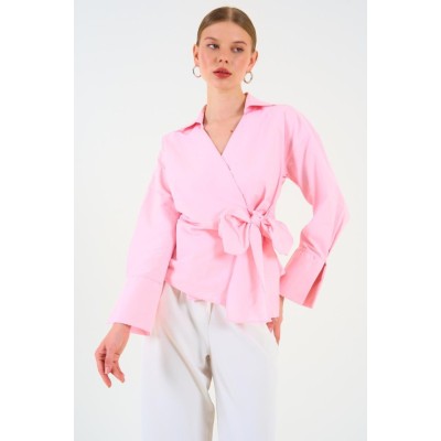 Düz Yandan Bağlamalı Gömlek - Pembe Düz Yandan Bağlamalı Gömlek - Pembe