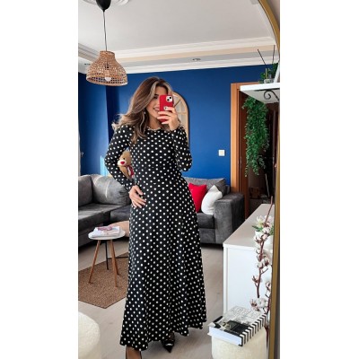 Kadın Krep Kumaş Uzun Kollu Tam Boy Puantiyeli Elbise 132 Cm Kadın Krep Kumaş Uzun Kollu Tam Boy Puantiyeli Elbise 132 Cm