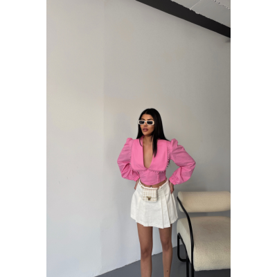 CROP POPLİN GÖMLEK YAKA KENAR DANTEL DETAYLI - Pembe CROP POPLİN GÖMLEK YAKA KENAR DANTEL DETAYLI - Pembe