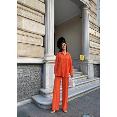 KENDİNDEN DESENLİ KRINKILL GÖMLEK - PANTOLON TK - Orange KENDİNDEN DESENLİ KRINKILL GÖMLEK - PANTOLON TK - Orange
