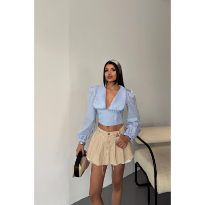 CROP POPLİN GÖMLEK YAKA KENAR DANTEL DETAYLI - Bebe Mavi CROP POPLİN GÖMLEK YAKA KENAR DANTEL DETAYLI - Bebe Mavi