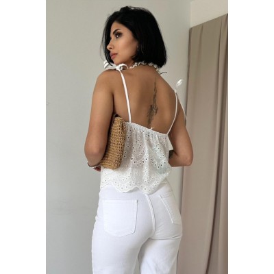 Beyaz Bağcıklı Brode Bluz Beyaz Bağcıklı Brode Bluz