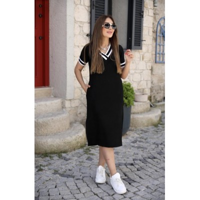 Kadın Kısa Kollu V Yaka Kol Ve Yaka Ribana Detay Midi Boy Viskon Elbise Kadın Kısa Kollu V Yaka Kol Ve Yaka Ribana Detay Midi Boy Viskon Elbise