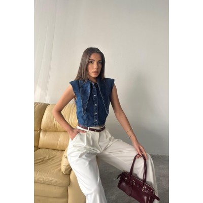 Mavi Yaka Detaylı Denim Crop Mavi Yaka Detaylı Denim Crop
