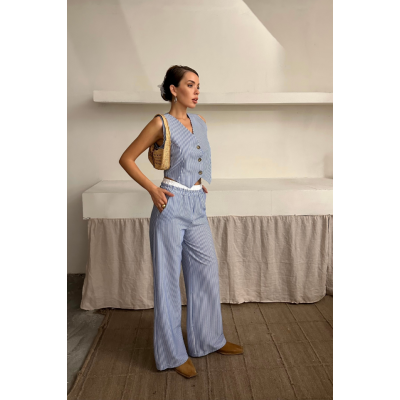 GOFRE ÇİZGİLİ YELEK - PANTOLON TAKIM - Mavi GOFRE ÇİZGİLİ YELEK - PANTOLON TAKIM - Mavi