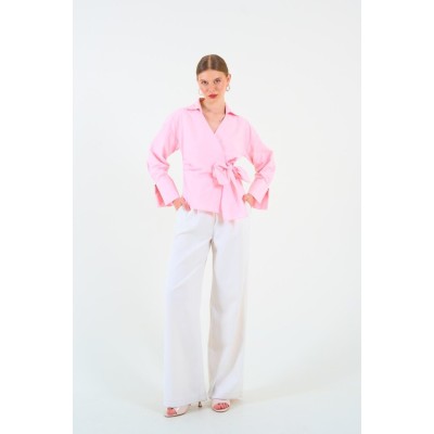 Düz Yandan Bağlamalı Gömlek - Pembe Düz Yandan Bağlamalı Gömlek - Pembe
