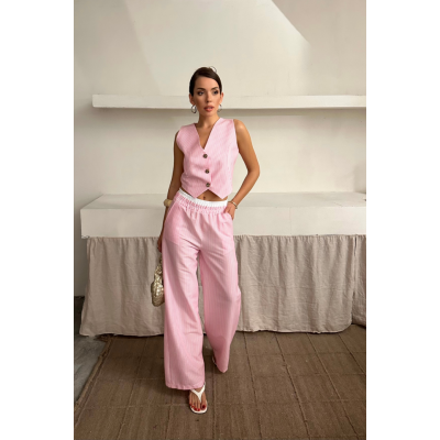 GOFRE ÇİZGİLİ YELEK - PANTOLON TAKIM - Pembe GOFRE ÇİZGİLİ YELEK - PANTOLON TAKIM - Pembe