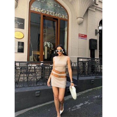 POLYVİSCON ÇİFT KEMER DETAYLI ELBİSE - Bej POLYVİSCON ÇİFT KEMER DETAYLI ELBİSE - Bej