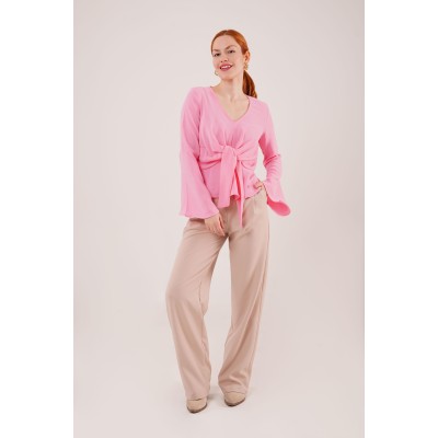 Ön Bağlamalı Volan Kol Pembe Bluz Ön Bağlamalı Volan Kol Pembe Bluz