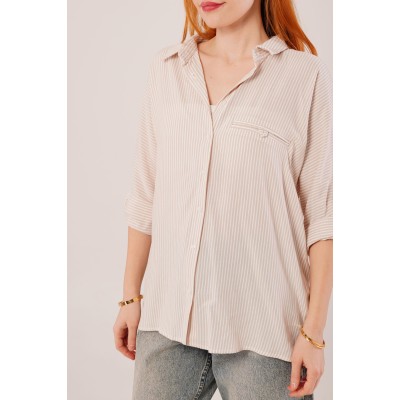 Cep Detay Çizgili Oversize Krem Gömlek Cep Detay Çizgili Oversize Krem Gömlek