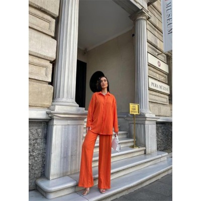 KENDİNDEN DESENLİ KRINKILL GÖMLEK - PANTOLON TK - Orange KENDİNDEN DESENLİ KRINKILL GÖMLEK - PANTOLON TK - Orange
