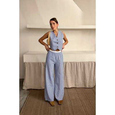 GOFRE ÇİZGİLİ YELEK - PANTOLON TAKIM - Mavi GOFRE ÇİZGİLİ YELEK - PANTOLON TAKIM - Mavi