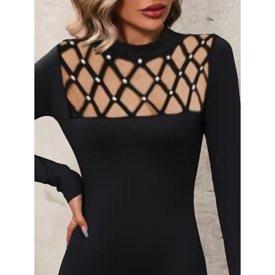 Kadın Uzun Kollu Bisiklet Yaka Lazer Kesim Inci Detay Viskon Iki Iplik Mini Boy Elbise Kadın Uzun Kollu Bisiklet Yaka Lazer Kesim Inci Detay Viskon Iki Iplik Mini Boy Elbise