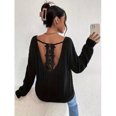 Kadın Uzun Kollu V Yakalı Pencere Sırt Dantel Detaylı Kalın Fitilli Kaşkorse Bluz Kadın Uzun Kollu V Yakalı Pencere Sırt Dantel Detaylı Kalın Fitilli Kaşkorse Bluz