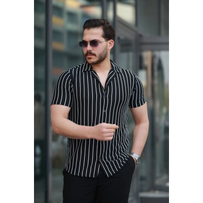 Erkek Kısa Kollu Beyaz çizgi Desenli örme Kumaş Pamuklu Gömlek