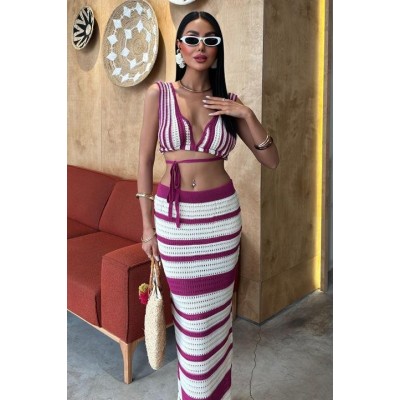 Çizgili Bikini Üst Ve Etek Triko Takım 10110 Çizgili Bikini Üst Ve Etek Triko Takım 10110