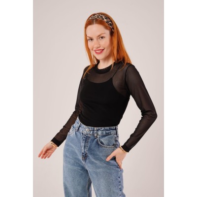 Transparan Siyah Tül Basic Bluz Transparan Siyah Tül Basic Bluz