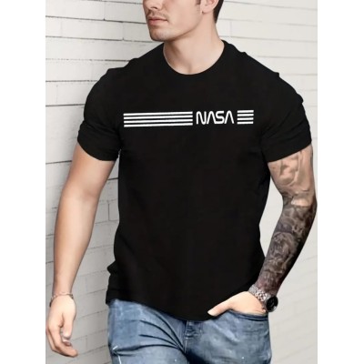 Erkek Kısa Kollu NASA Baskı Bisiklet Yaka T-shirt