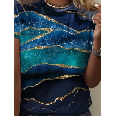 Kadın Kısa Kollu Bisiklet Yaka Mavili Sim Baskılı Sandy Bluz Kadın Kısa Kollu Bisiklet Yaka Mavili Sim Baskılı Sandy Bluz