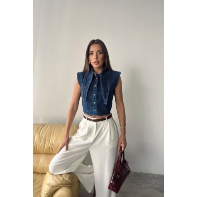 Mavi Yaka Detaylı Denim Crop Mavi Yaka Detaylı Denim Crop
