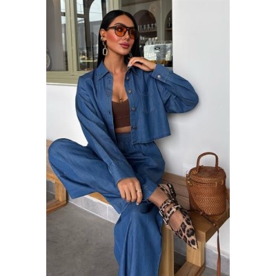 Denim Gömlek Plazzo Pantolon Takım 10163-08 Denim Gömlek Plazzo Pantolon Takım 10163-08