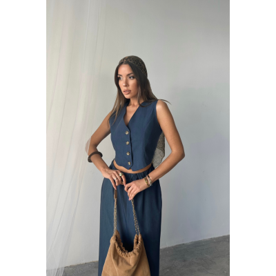 TENCEL YELEK - YIRTMAÇLI ETEK TAKIM - İndigo TENCEL YELEK - YIRTMAÇLI ETEK TAKIM - İndigo