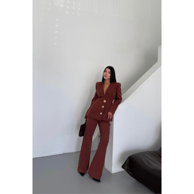 TASARIM CEKET-PANTOLON TAKIM METAL DÜĞME DETAYLI - Kahverengi TASARIM CEKET-PANTOLON TAKIM METAL DÜĞME DETAYLI - Kahverengi